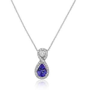 Pear Shaped Tanzanite Diamond Drop Halo Pendant Necklace