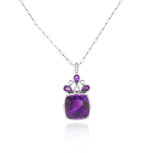 Cushion Cut Amethyst Peacock Paperclip Necklace