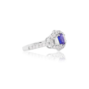 Cushion Cut Blue Sapphire and Diamond Art Deco Inspired Ring