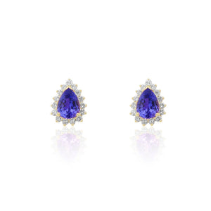 Yellow Gold Pear Shape Tanzanite Halo Stud Earrings