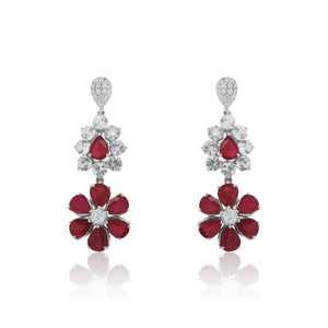 Pear Shape Ruby Flower Drop Earrings