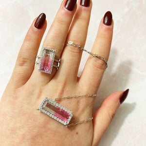 Emerald Cut Bicolored Pink Tourmaline Double Diamond Banded Ring
