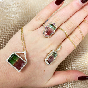Emerald Cut Fancy Diamond Set Bicolored Tourmaline Pendant