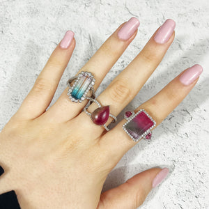 Emerald Cut Bicolored and Pink Tourmaline Diamond Ring