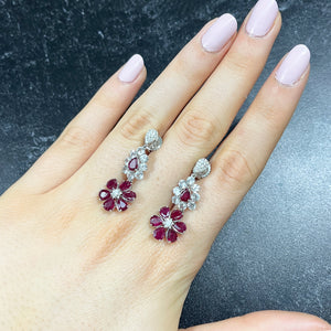 Pear Shape Ruby Flower Drop Earrings