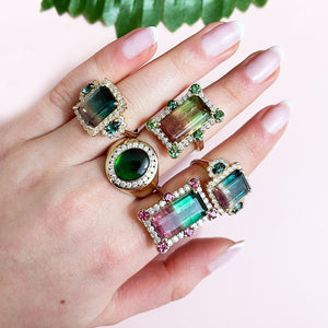 Emerald Cut Bicolored and Green Tourmaline Fancy Diamond Ring