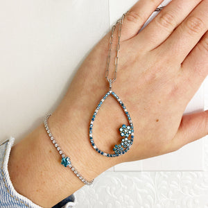 Flower Detailed Blue Diamond Drop Pendant Necklace