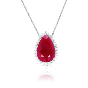 Pear Shape Ruby With Dainty Halo Necklace