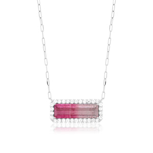 Emerald Cut Pink Bicolored Tourmaline Paperclip Chain Necklace