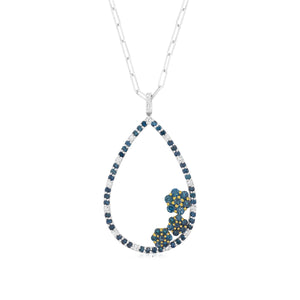 Flower Detailed Blue Diamond Drop Pendant Necklace