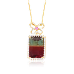 Emerald Cut Bicolored Tourmaline Pendant Butterfly Diamond Necklace