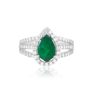 Pear Shape Emerald Halo Triple Shank Ring