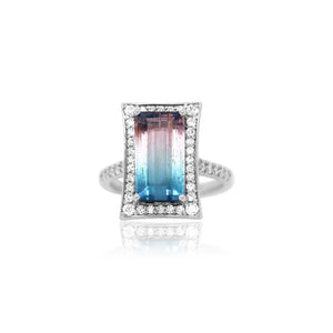 Emerald Cut Bicolored Blue & Lilac Tourmaline Classic Ring