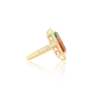 Emerald Cut Bicolored Tourmaline Diamond and Pink Sapphire Ring