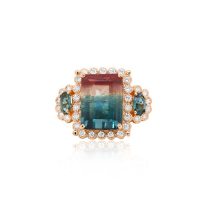 Emerald Cut Bicolored and Green Tourmaline Elegant Diamond Ring